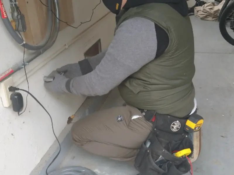 Electrician performing outlet wiring in a Mogadore garage